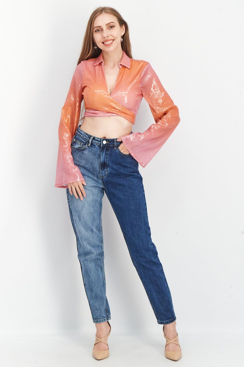 NA-KD Women Spread Collar Long Sleeve Textured Blouse Top, Pink Combo - Image 2